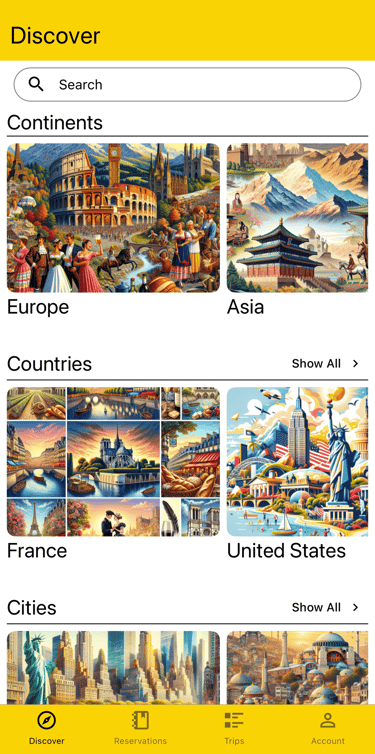 discover page showing top visited continents, countries, and cities