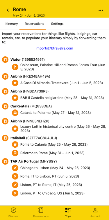 reservations view for a trip