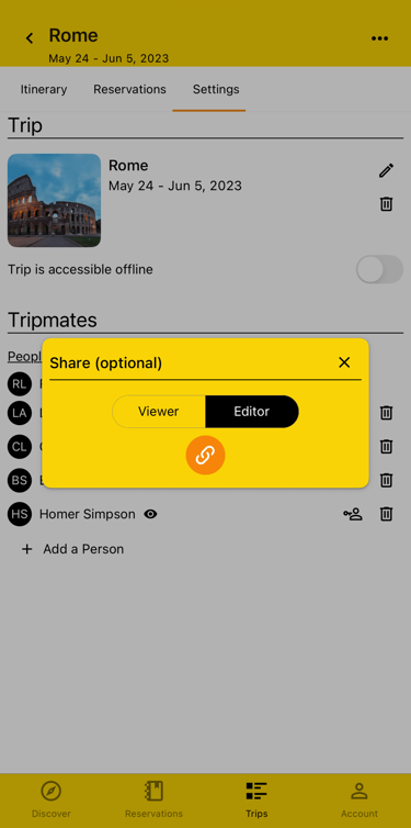 sharing options for a trip