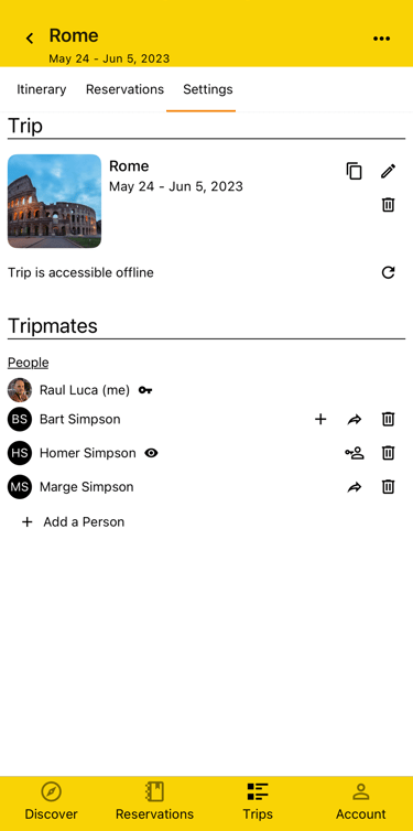 trip settings page showing tripmates