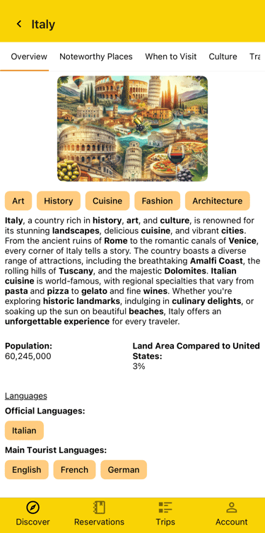 country details for Italy, including history, known-for, and languages used