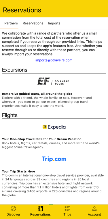 BTravelrs affiliate partners where you can book things like flights, hotels, car rentals, etc.