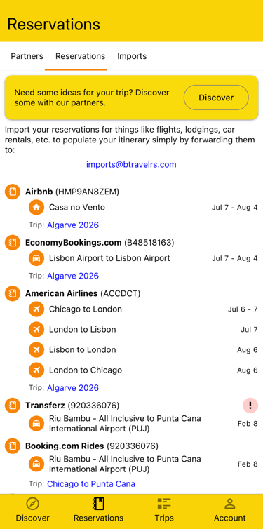 overview of all imported reservations including their plans and dates