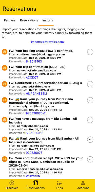 overview of imports, what reservations they belong to, and any errors