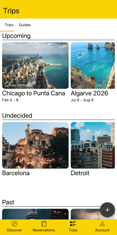 trips list showing upcoming, undecided, and past