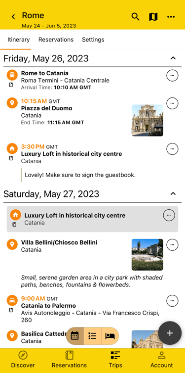 itinerary by day view with various plans
