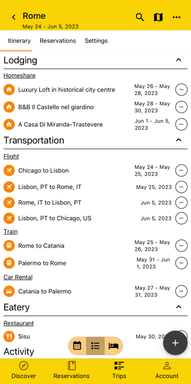 itinerary by plan type view with various plans