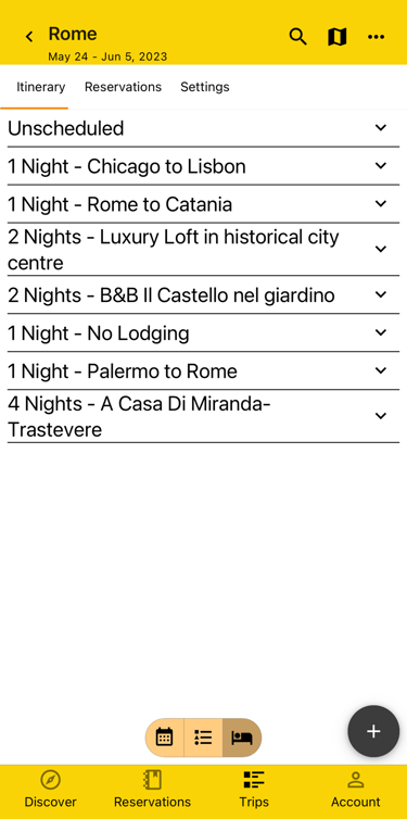 itinerary by lodging view with all sections collapsed