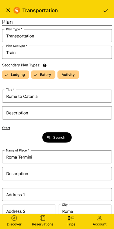 plan details with secondary plan types of lodging and eatery selected