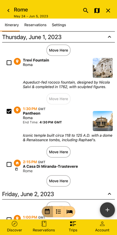 itinerary in move/rearrange mode with one plan selected