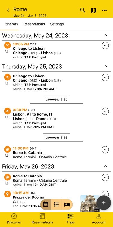 itinerary by day view showing layover times between transportation plans