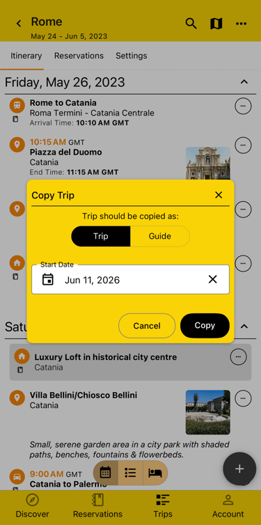 modal where trip copy can be initiated