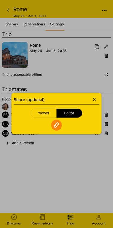 modal with share options for tripmate access