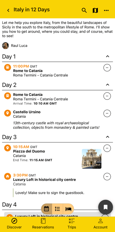 itinerary view of a user generated guide