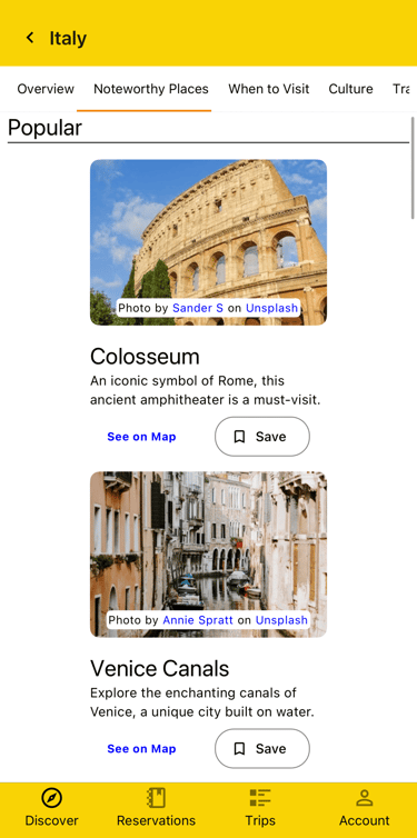 noteworthy places for Italy with "see on map" and "save" buttons