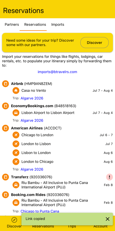 reservations page where import email can be copied