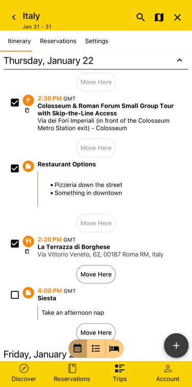 itinerary in rearrange mode with multiple plans selected