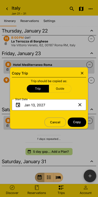 modal allowing copying of trip