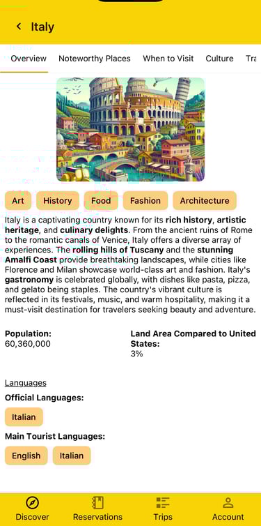 details on Italy, including a brief history, what it's known for, and related languages