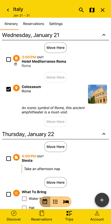 itinerary view in rearrange mode with one plan selected