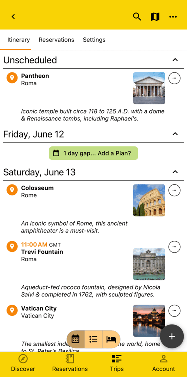 unscheduled and scheduled plans on an itinerary