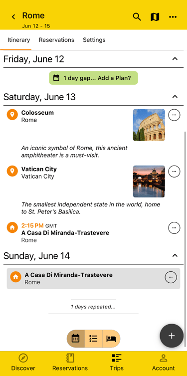 itinerary view with repeated and empty days consolidated