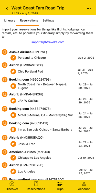 trip reservations with related plans and dates