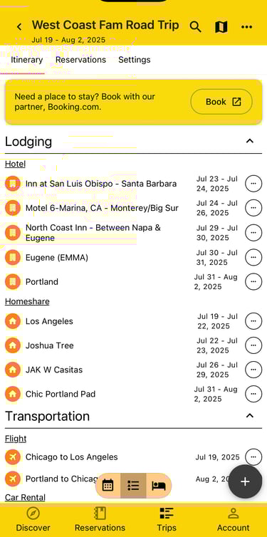itinerary view by plan type showing various plans