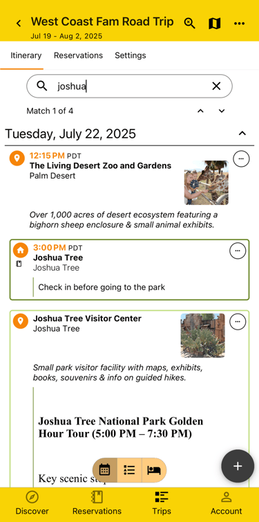 itinerary being searched with matching results highlighted