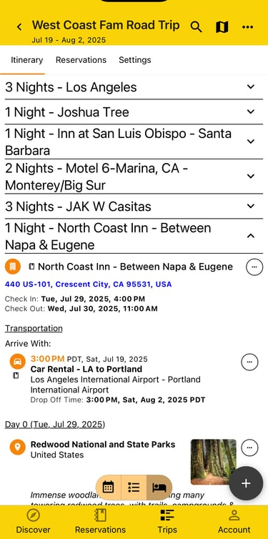 itinerary lodging view with most sections collapsed