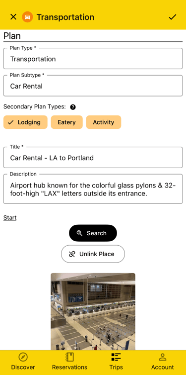 plan detail view with a lodging secondary plan type selected