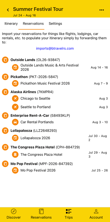 trip reservations list with details like plans and dates