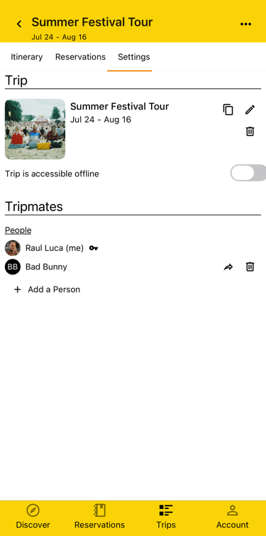 trip settings showing tripmates and their trip access