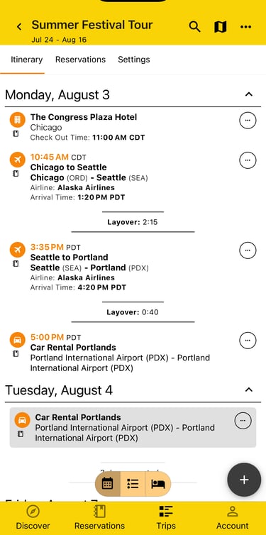itinerary by day view with multiple layovers