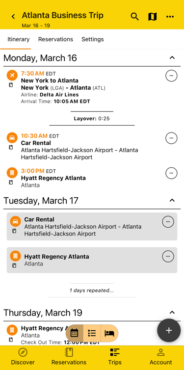 layover between transportation on itinerary view