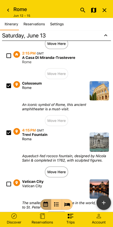 itinerary in rearrange mode with multiple plans selected