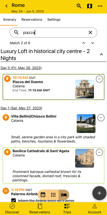 itinerary by lodging view with search highlighted results