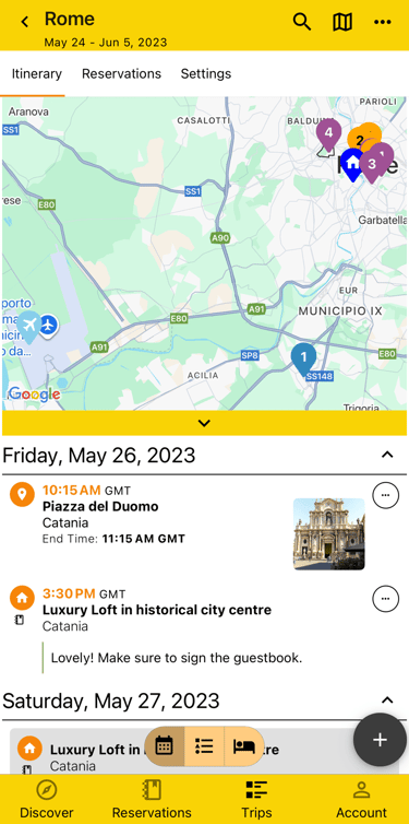itinerary with map open, showing plans on map