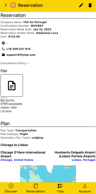 reservation details including the email and corresponding plans