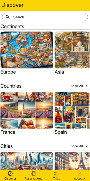 discover page with continents, countries, and cities to explore