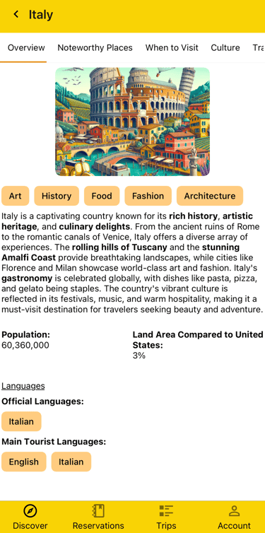 details about Italy, including it's history, what it's known for, and relevant languages