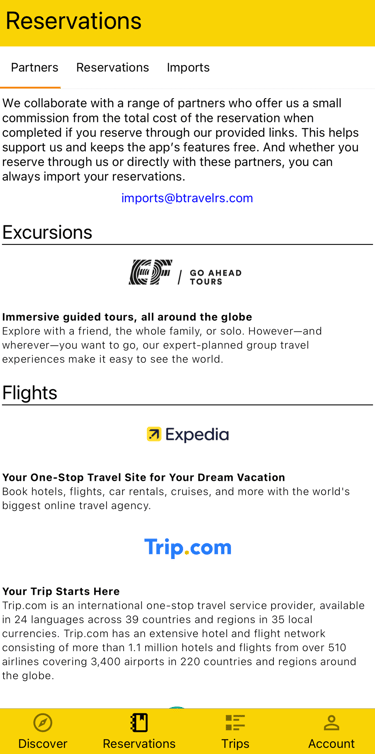 BTravelrs affiliate partners that allow booking flights, hotels, car rentals, etc.