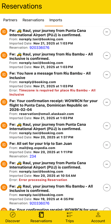 imports page, with email title, who it's from, date imported, and reservation link or error message