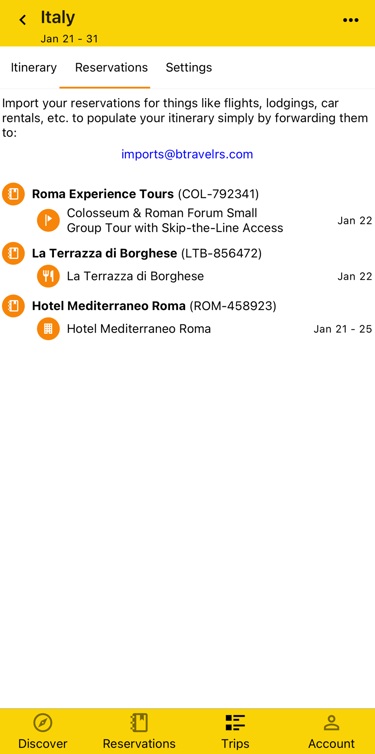 trip reservations outlining the names, type, and dates