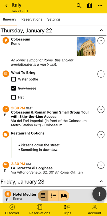 itinerary by day view with checklist and note