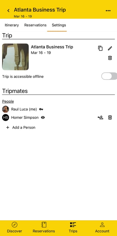 trip settings with assistant and executive having access to trip