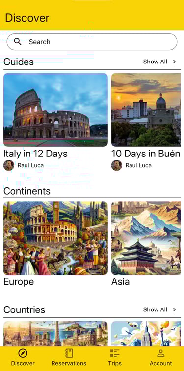 discover page view of guides, continents, countries, and cities