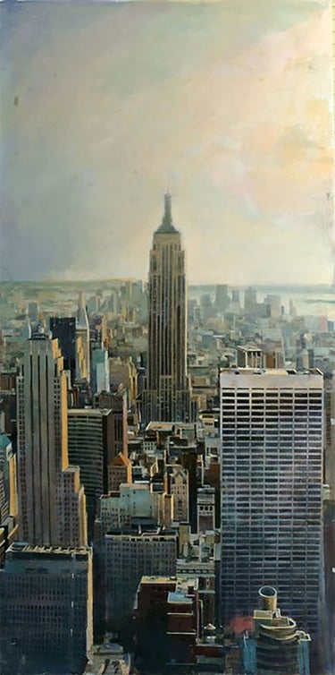 Cuadro en vertical del Empire State desde Rockefeller Center de Nueva york. Obra de Vivo al óleo
