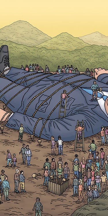 Illustration of Boris Johnson as Gulliver for ConHome website.