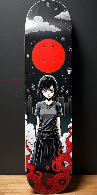 Custom anime skateboard deck featuring a black-haired girl with red eyes under a large red sun.